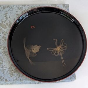 Vintage Japanese Lacquer Decorative Tray with Crane Design in Original Box Black